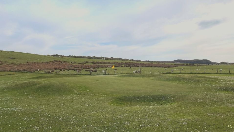 The mounding on the 9th green at Traigh Golf Course. 