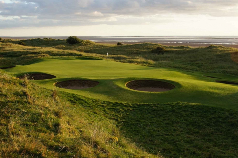 Pot bunkers surround the green at Silloth Golf Club.