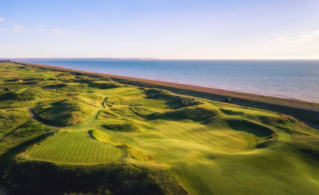A photo of the links at Deal protected by the sea wall.