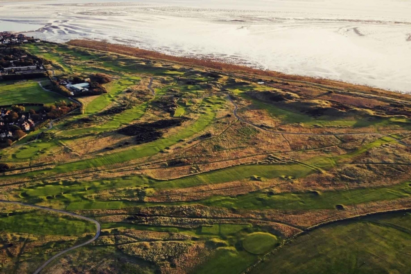 Drone footage of the A course routing map of Royal Liverpool Golf Club Hoylake, an Open Venue Host.