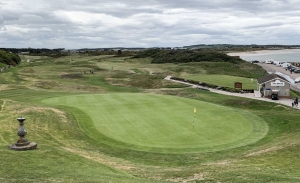 A green on the links land beside the North Sea at Moray Golf Club.