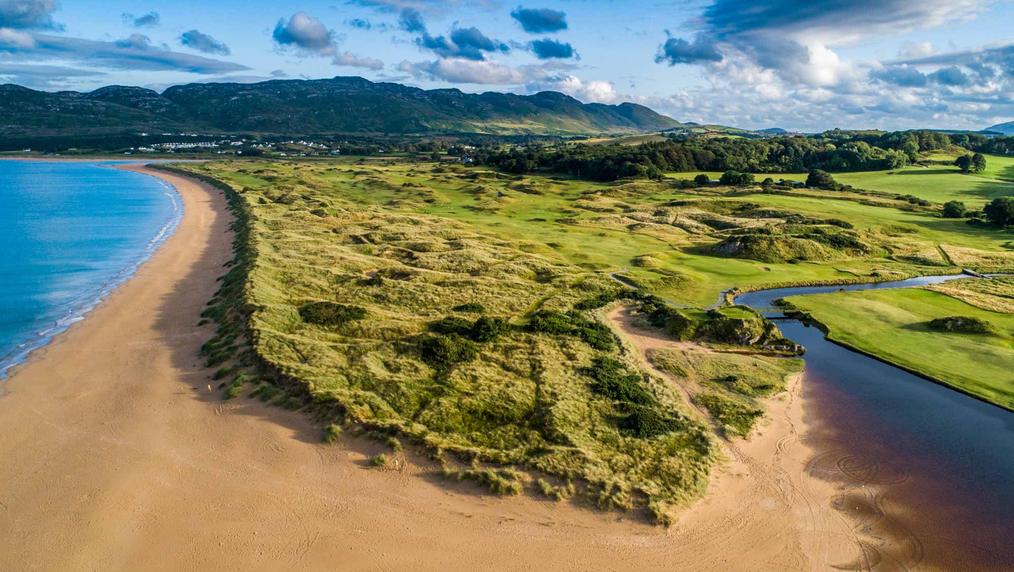 A drone photo of the headland of the links at Portsalon Golf Club in Ireland.