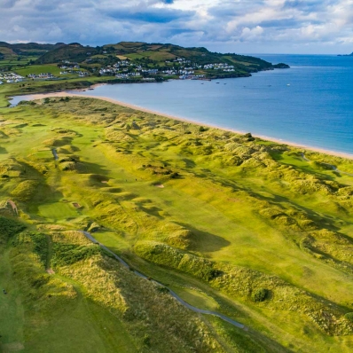 A drone photo of the links at Portsalon Golf Club in Ireland.
