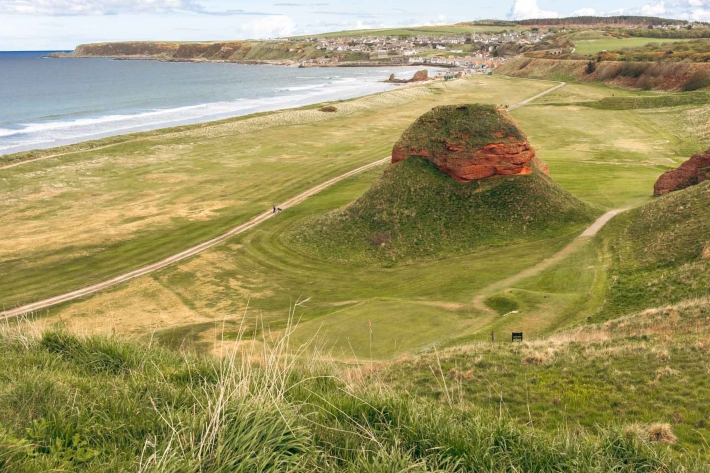 The iconic red sandstone at Cullen Links Golf Club.