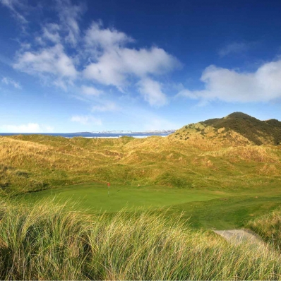 A photo of the large dunes at Aerial photo of the Castlerock Golf Club Mussenden Links.