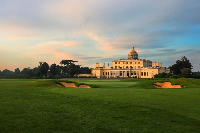 The iconic clubhouse at Stoke Park Golf Club.