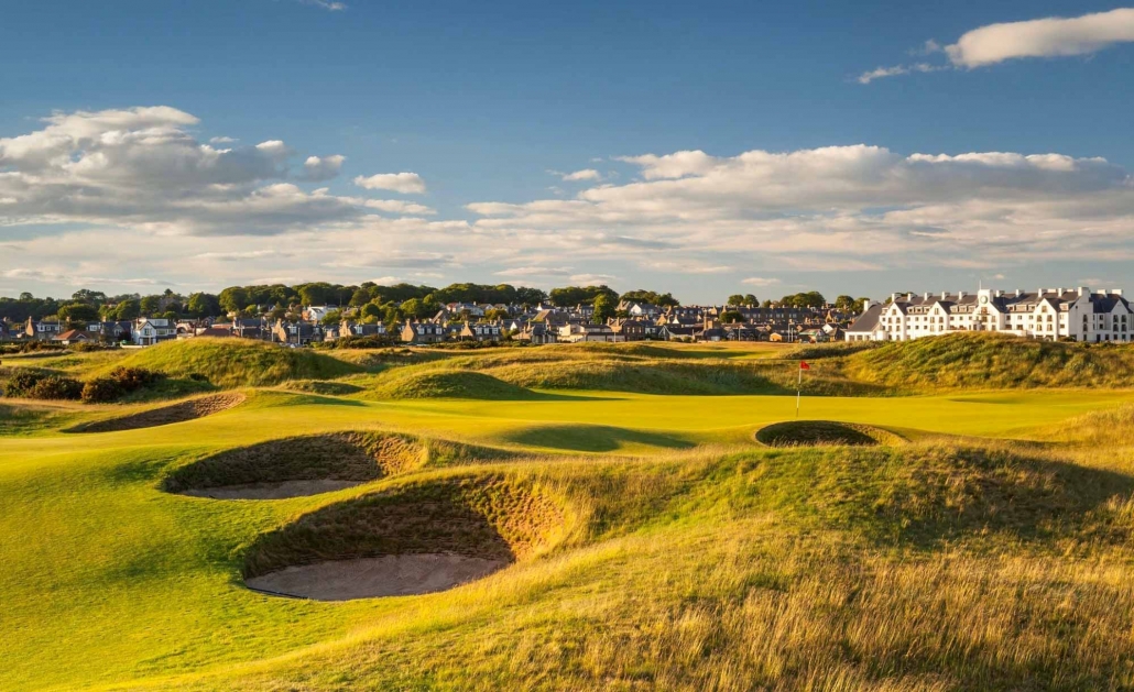 The revetted faces of the treacherous bunkers at Carnoustie Golf Links Championship Golf Course.