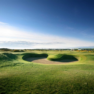 A photo of the a revetted bunker at The Old Course St Andrews.