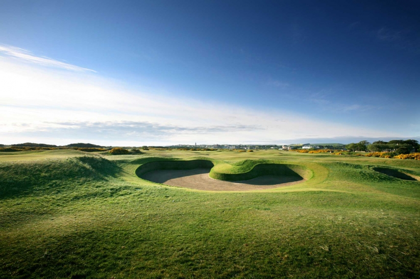 A photo of the a revetted bunker at The Old Course St Andrews.