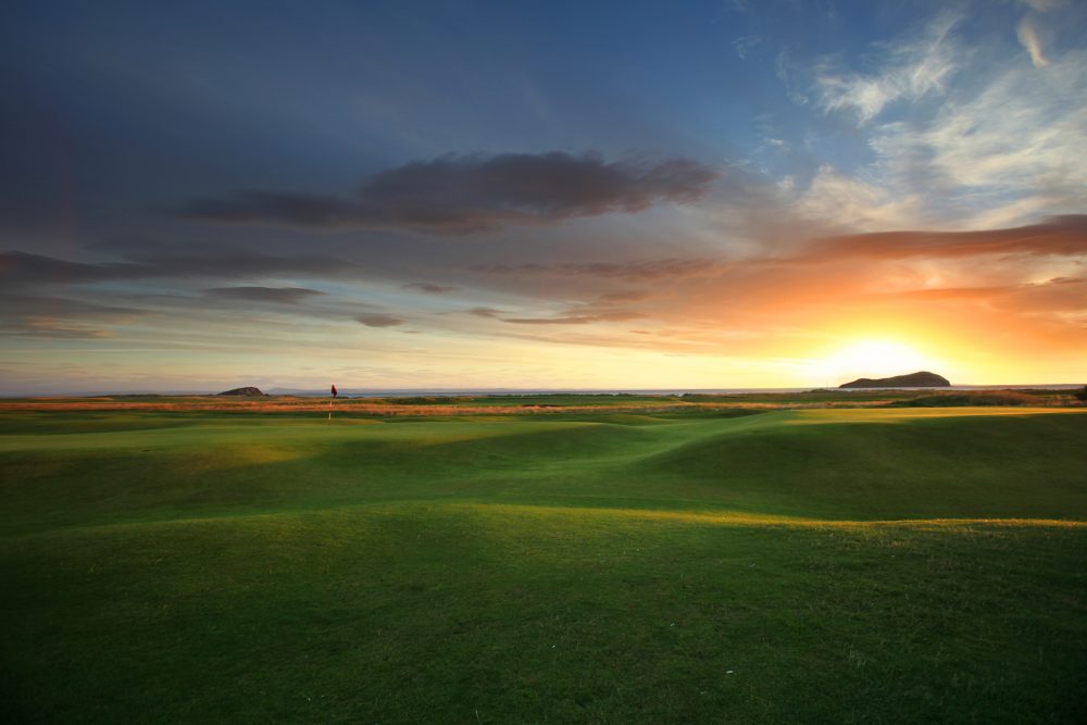 Sunrise at North Berwick Golf Club, East Lothian, Scotland.