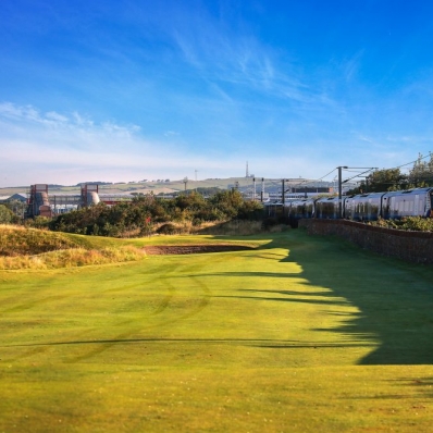 The railway on the 1st hole at Prestwick Golf Club.