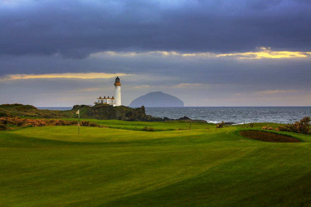 The Ailsa Craig and lighthouse from the King Robert The Bruce Golf Course.