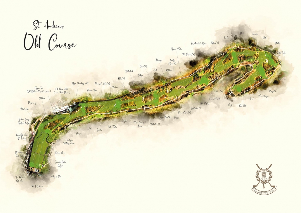 A modern golf art course map of The Old Course St Andrews by Joe Mcdonnell.