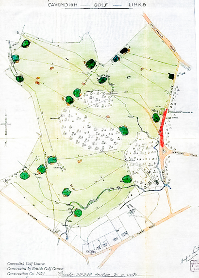 A photo of the original 1924 Cavendish Golf Club routing map laid out by Alister MacKenzie. 