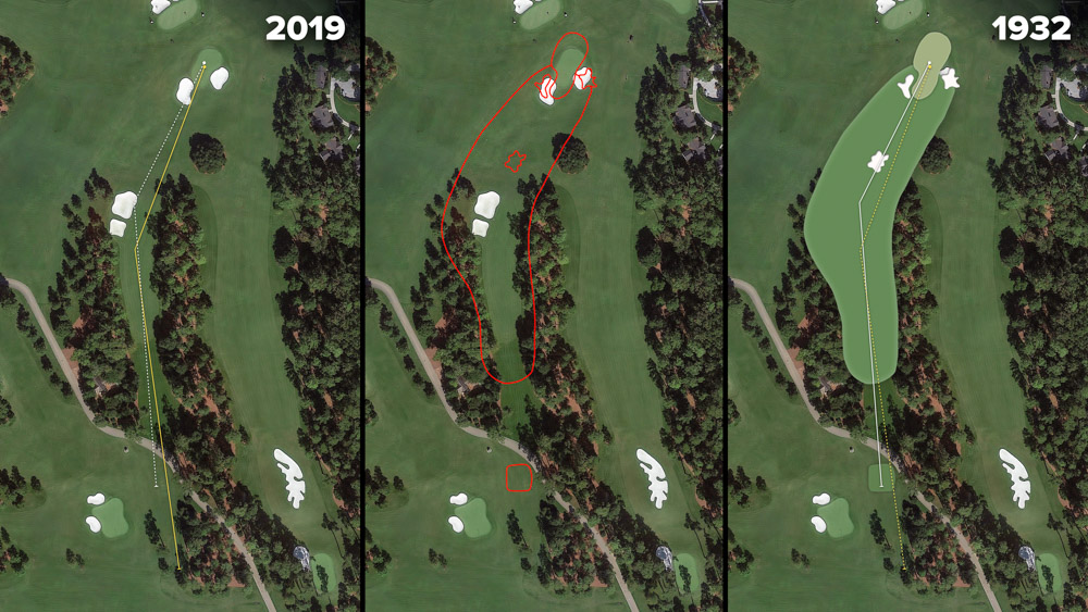 A pictorial study of the changes to the green and bunkering on Hole 18, Holly at the home of The Masters, Augusta.