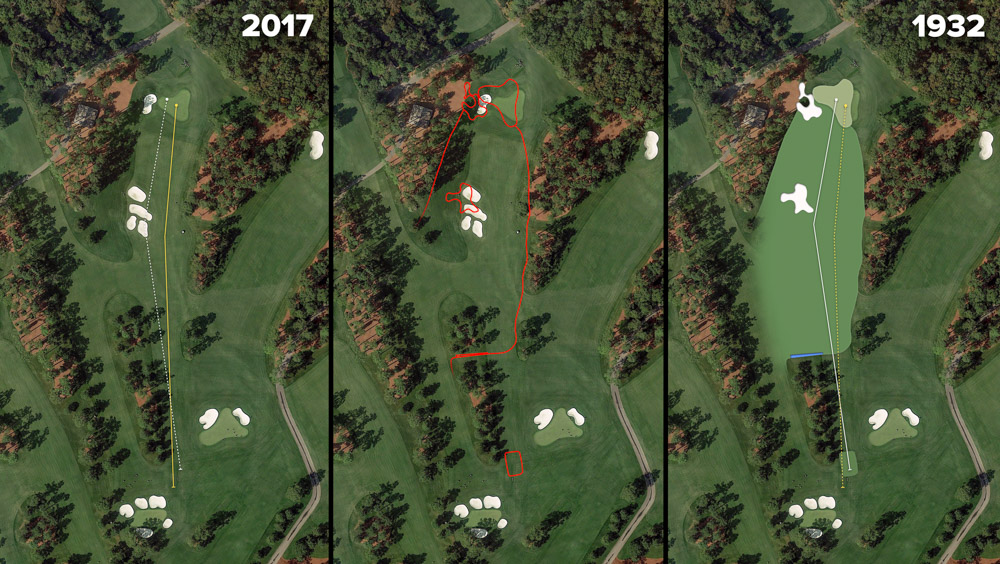 Visual outline of 1932 Augusta National over modern imagery of Flowering Peach, Hole 3 at the home of The Masters, Augusta National Golf Club.