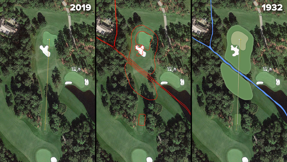 Visual outline of 1932 Augusta National over modern imagery of Juniper, Hole 6 at the home of The Masters, Augusta National Golf Club.